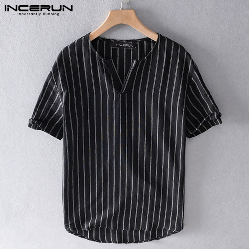 Incerun herr randiga skjortor casual kortärmad v-ringad camisa man bomull andas blusas lös harajuku blus s -5xl 7