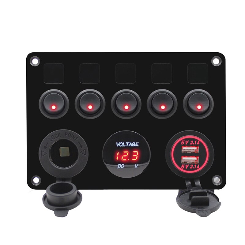 Digital voltmeter dubbel usb port vattentät bil marina led rocker switch panel 12v utloppskombination överbelastningskretsskydd: 5 gängströmställare röd