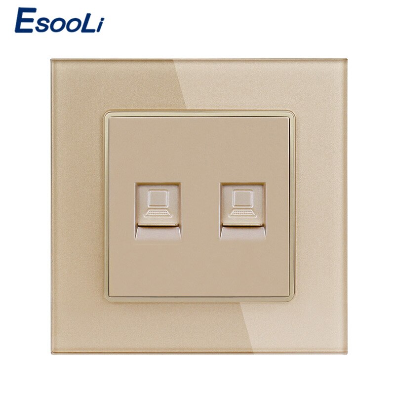 Esooli White Luxury Crystal Glass Panel Double RJ45 Internet Data Computer Jack CAT5E Connector Outlet Wall Socket