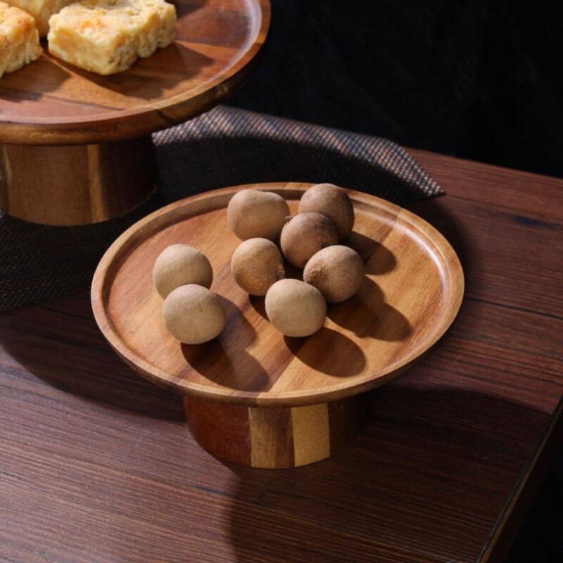 Akacia trä fruktfat vardagsrum hushåll hög fot tallrik tårta massivt trä dessert display bord dekoration köksartiklar