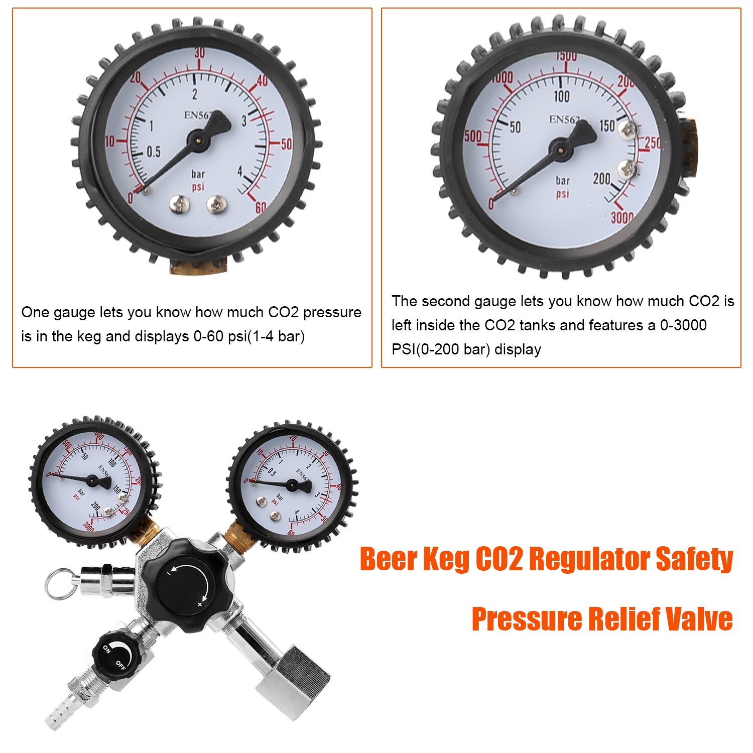 Válvula de alivio de presión de CO2 de cerveza de doble calibre portátil regulador Buck de barril de seguridad 0-3000 PSI tanques manómetro