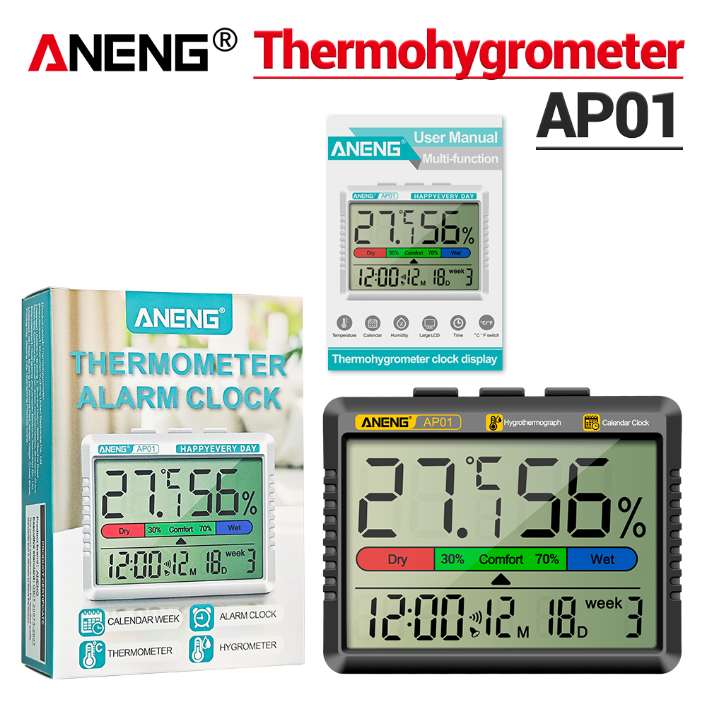 ANENG AP01 LCD Digital Thermometer Hygrometer Indoor Room Temperature Humidity Meter Alarm Clock Weather Station For Home: black