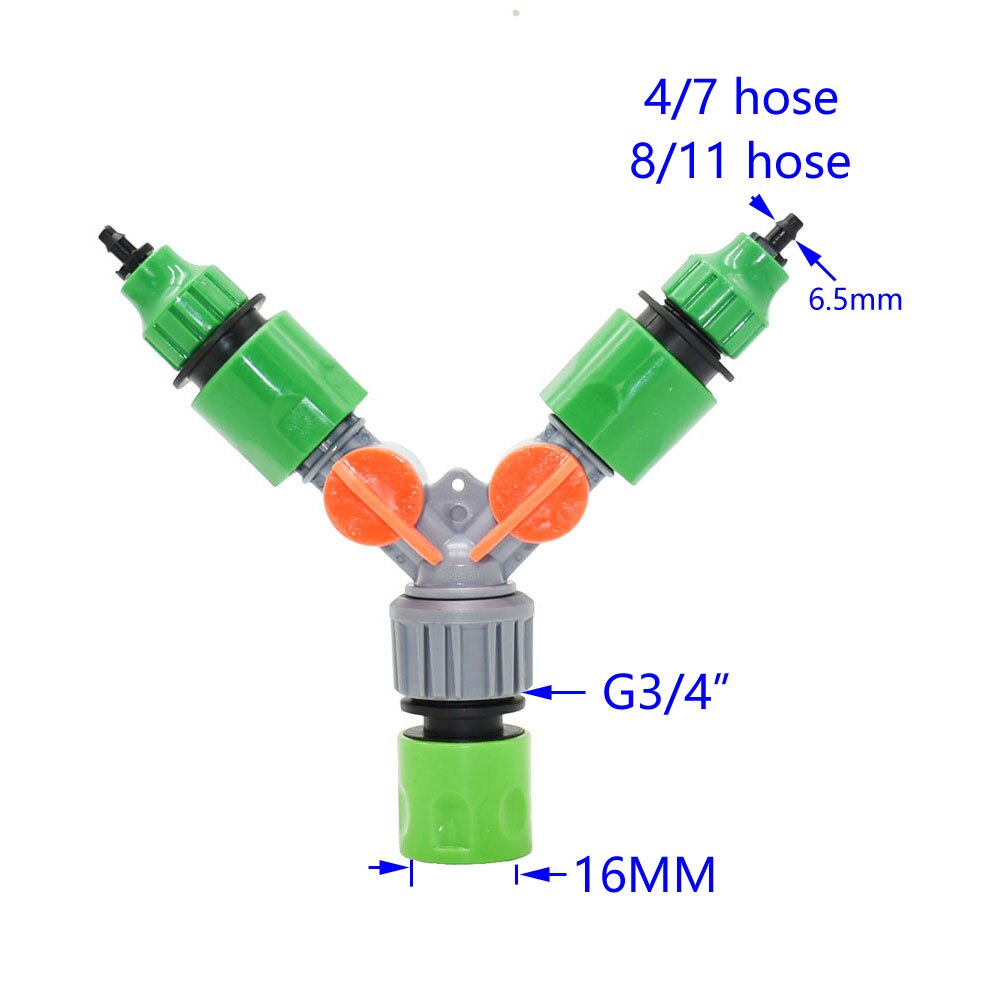 Garden Tap Hose Water Splitter 2-Way Tap Crane 16mm Quick Connector 1/2" 3/4" Female Water Irrigation Valve Adjustable Switch
