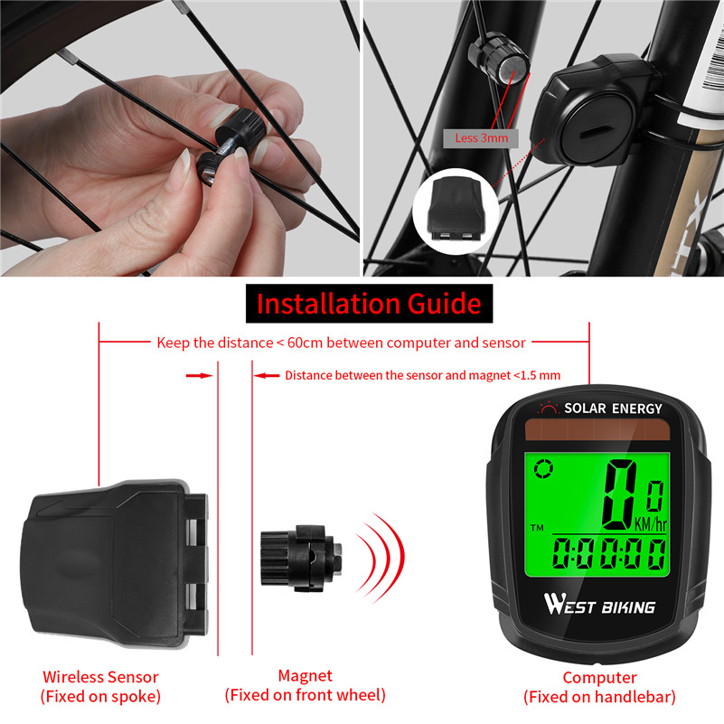 WEST RADFAHREN Solar Powered Bike Computer Drahtlose Wasserdichte Fahrrad Lcd-computer-geschwindigkeitsmesser-grüne Automatische Wake-up Fahrrad Computer