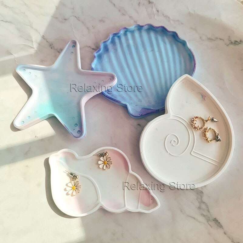 Shell Conch Concrete Tray Plate Silicone Molds Starfish Cement Candlestick Plaster Gypsum Jewelry Display Tray Resin Epoxy Mould