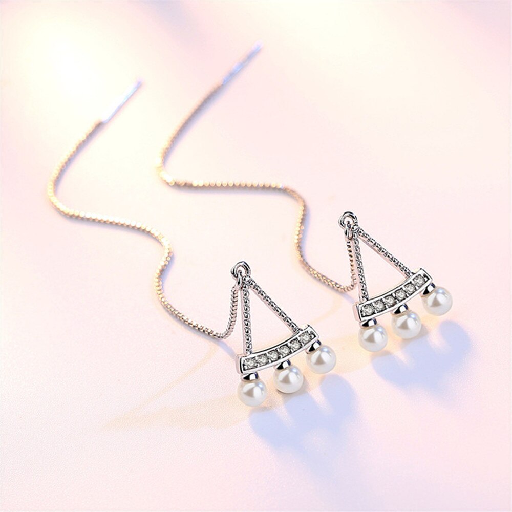925 Sterling Silver Jewelry Woman Retro Dinette Ear Line Long Luxury Pearl Earrings Simple Girl Cute Brand