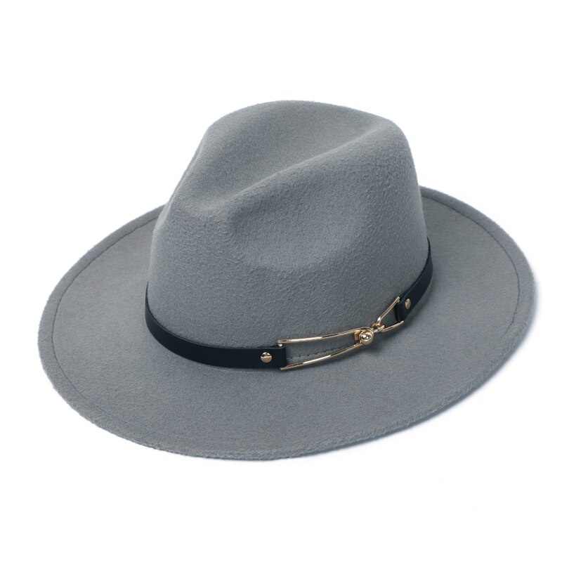 Menn kvinner bredkant ullfilt fedora panama hatt med belte spenne jazz trilby lokk fest formell topp lue: Grå