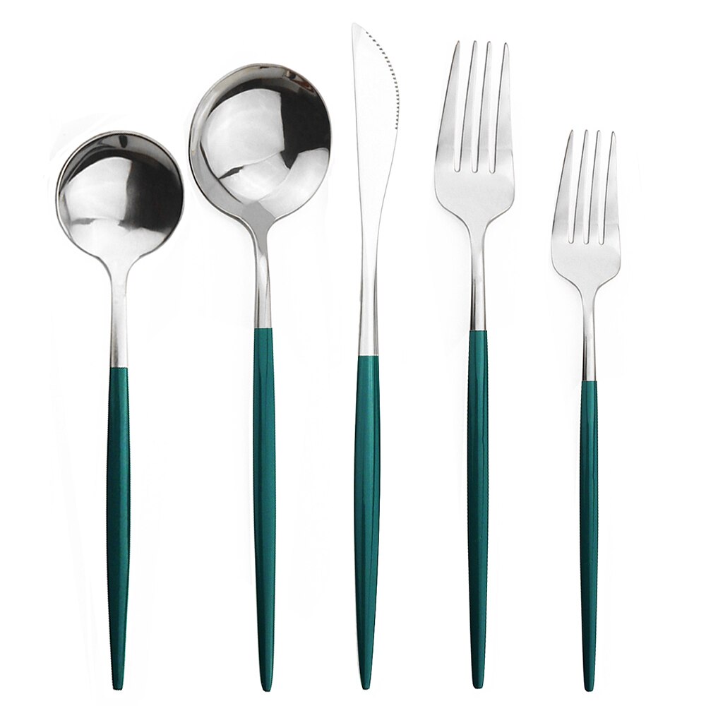 20 st färgglada bestick set guld bestick set dessert gaffel sked 304 rostfritt stål servis set glänsande kök servis set: Grönt silver
