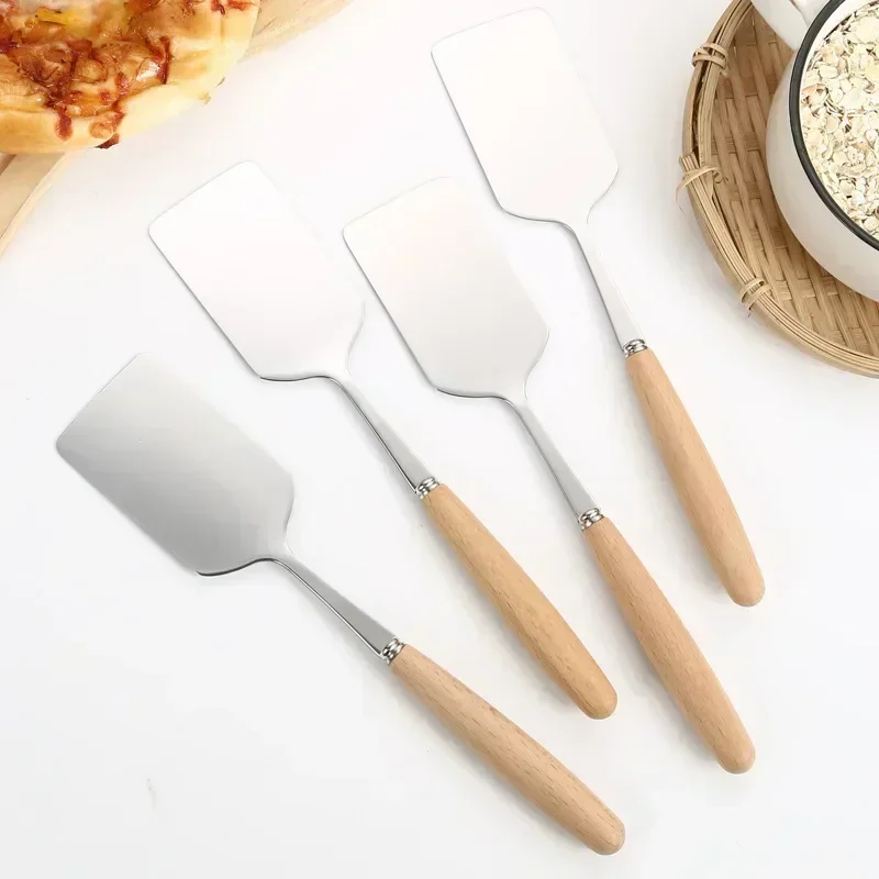Espátula para cocinar carne con cabeza cuadrada de acero inoxidable, mango de madera, pala para Pizza, rascador de carne y panqueques, utensilios para barbacoa para Cocina