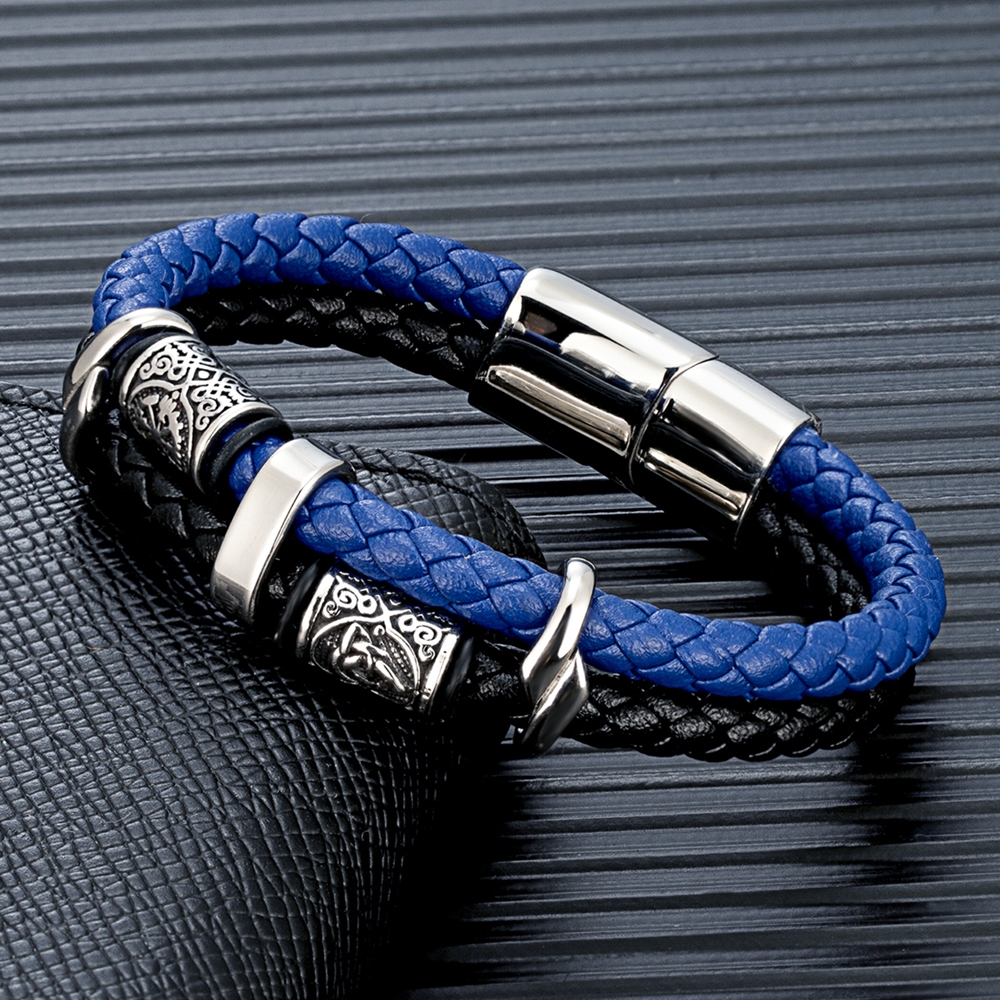 Mkendn punk vikingstil rustfritt stål kompass norrøne runer amulettperler flettet flerlags lærarmbånd mann pulsera