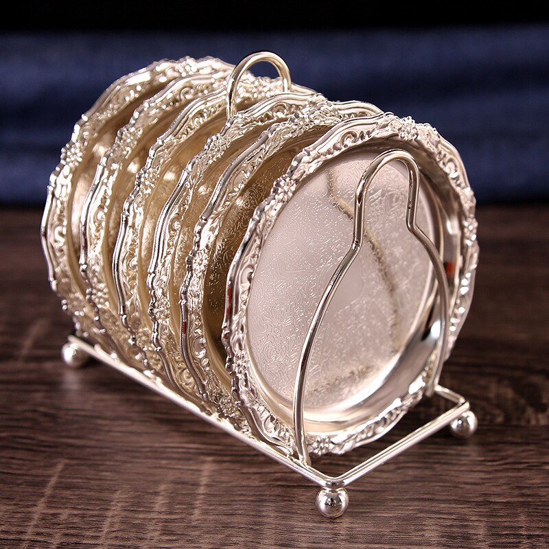 6 pieces Of Classical Golden Cocktail Metal Coaster European Style Retro Zinc Alloy Gold-Plated Mat Placemat