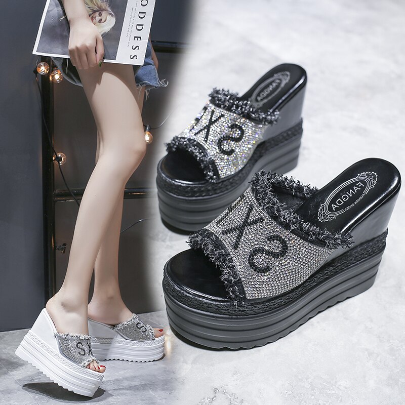 Platform Rhinestone Sandals Slippers Women Beach Slides Women Wedge Platform Slippers Summer Beach Slippers Open Toe Heels