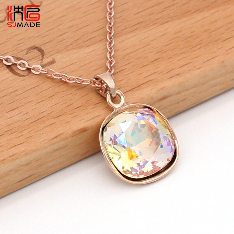 SJMADE Trendy Classic Square Crystal Pendant necklace 585 Rose Gold White Gold For Women Girls Wedding Party Jewelry: RGGD