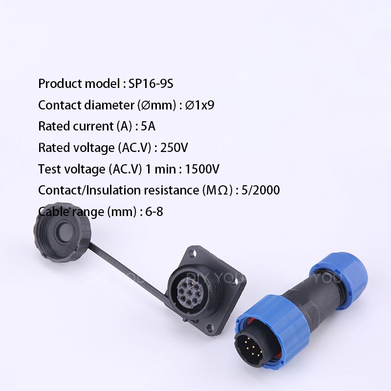SP16 Waterproof Connector IP68 Cable Connector Plug &amp; Socket Male And Female 2 3 4 5 6 7 9 Pin Square Aviation Plug DIY YOU: SP16-9S