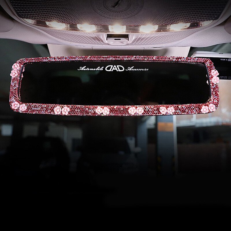 Luksus diamant blomst bil interiør bakspejletaske krystal rhinestone bil spejl dekorativt til piger kvinder biltilbehør: Lyserød spejl