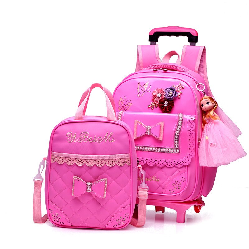 2 räder Wagen Rucksack Für freundlicher PU Wasserdicht bogen-knoten aufbringen Schule Tasche Abnehmbare Rucksack Für Mädchen: 2Stck setzt Rosa