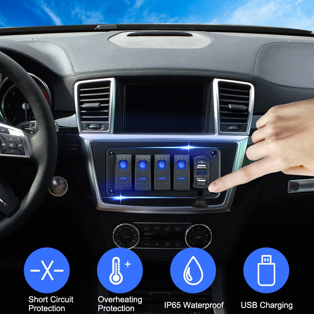 Voltímetro Digital para coche marino, impermeable, doble puerto USB, 4 bandas de palanca de interruptor basculante, 12V/24V, Panel de interruptor LED + pegatina