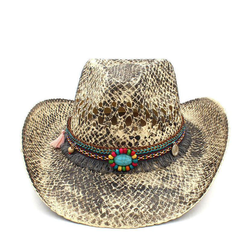 Sombrero de vaquero occidental para mujer, Sombrero de paja tejido a mano, con borlas bohemias, tamaño 56-58CM