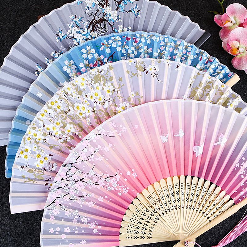 Chinese Japanese Pattern Vintage Flower Butterfly Silk cloth Folding Fan Art Craft Home Decor Ornament Dance Hand Fan Fan