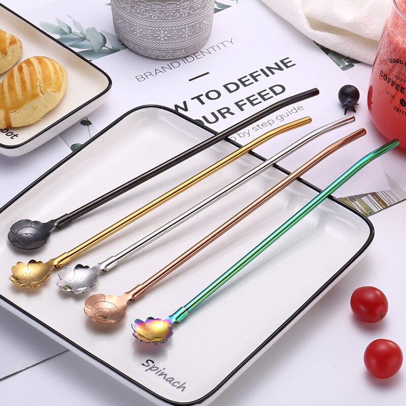 Ensemble de cuillères en acier inoxydable 2 pièces avec longues fleurs en forme de coeur