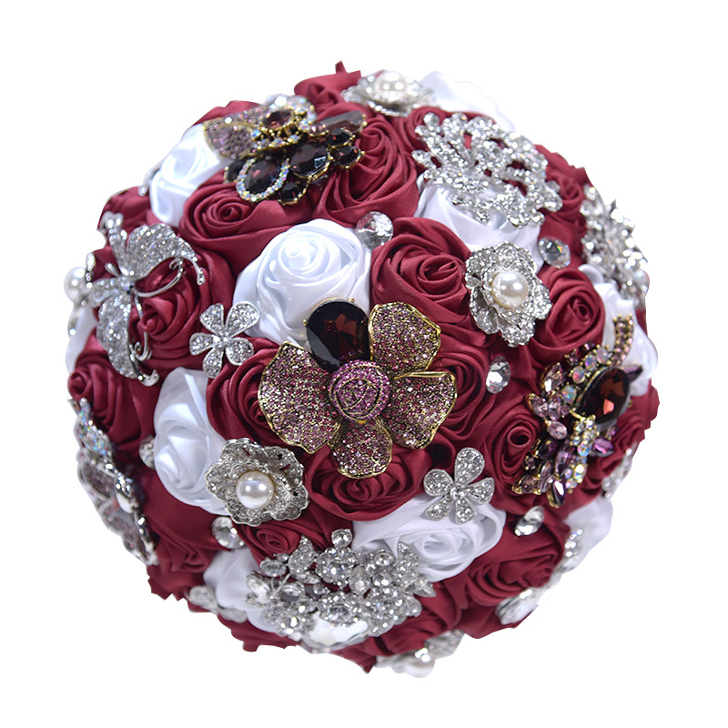 Bouquet de bijoux de mariage en or Rose, Rose, bordeaux, bijoux de mariage, cristal scintillant, bouquet de luxe par souvenir, D59: Wine and White