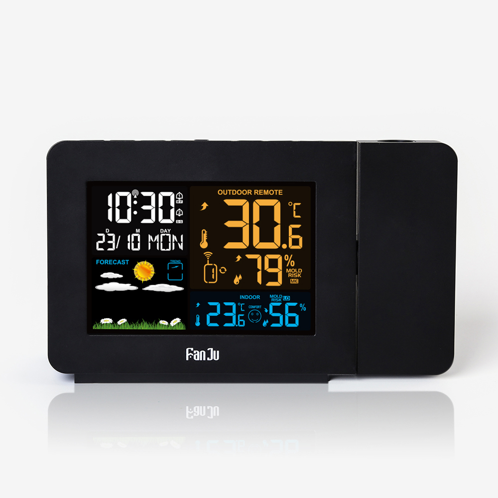 FanJu FJ3391 Weather Station with Projection |Weather Monitor |DCF Radio control | Calendar |7 languages| Backlight Alarm Clock: Default Title