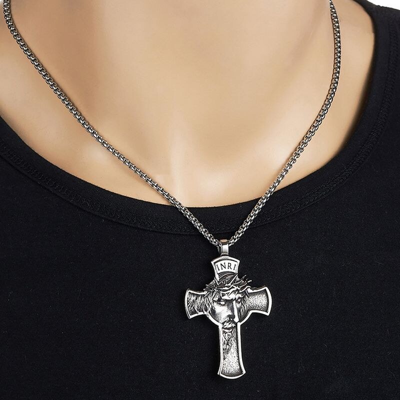 Rvs Jezus Hanger Zilveren Kruis Ketting Voor Mannen Casual Inri Mannelijke Religieuze Charme Sieraden Kettingen