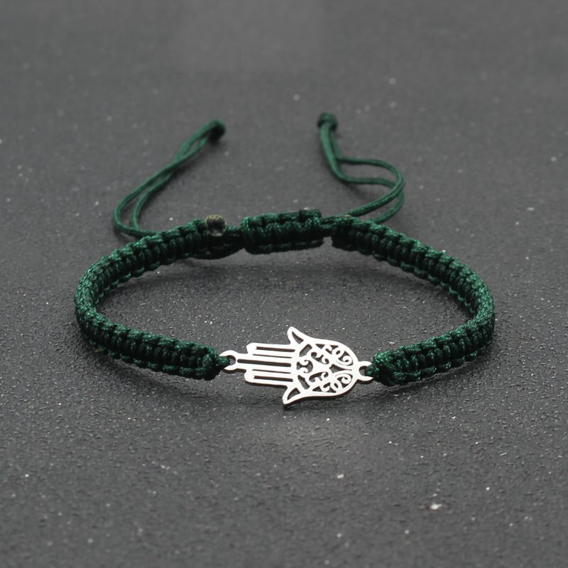 handgefertigt Geflochtene rot Gewinde Seil Armbinde Edelstahl Fatima Hand Charme Armbänder für Frauen Männer Paare Freundschaft Schmuck: dunkel Grün