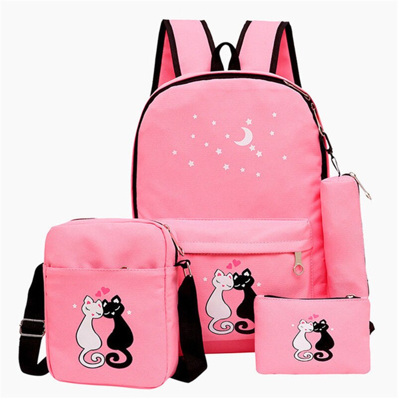 4 sæt skoletasker barn skole rygsække til teenagepiger søde kat tegneserie rygsæk børn taske lærred skoletaske: Lyserød