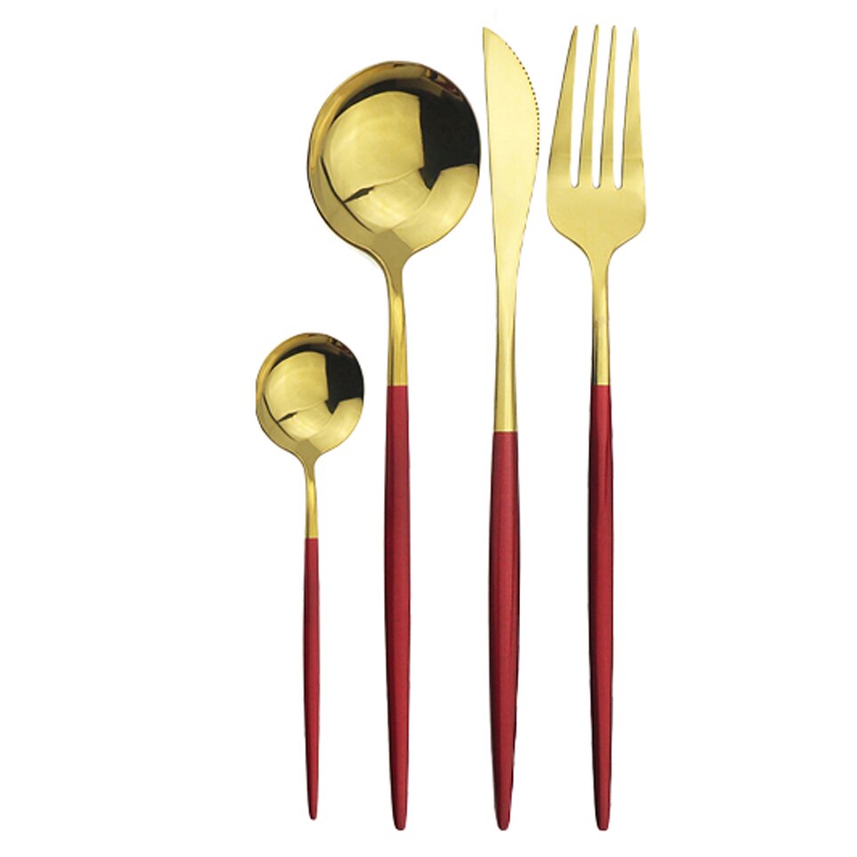 4 pièces/ensemble de couverts en or noir ensemble d'argenterie en acier inoxydable couteau fourchette cuillère ensemble de dîner Rose vaisselle couverts directe: 4Pcs Red Gold