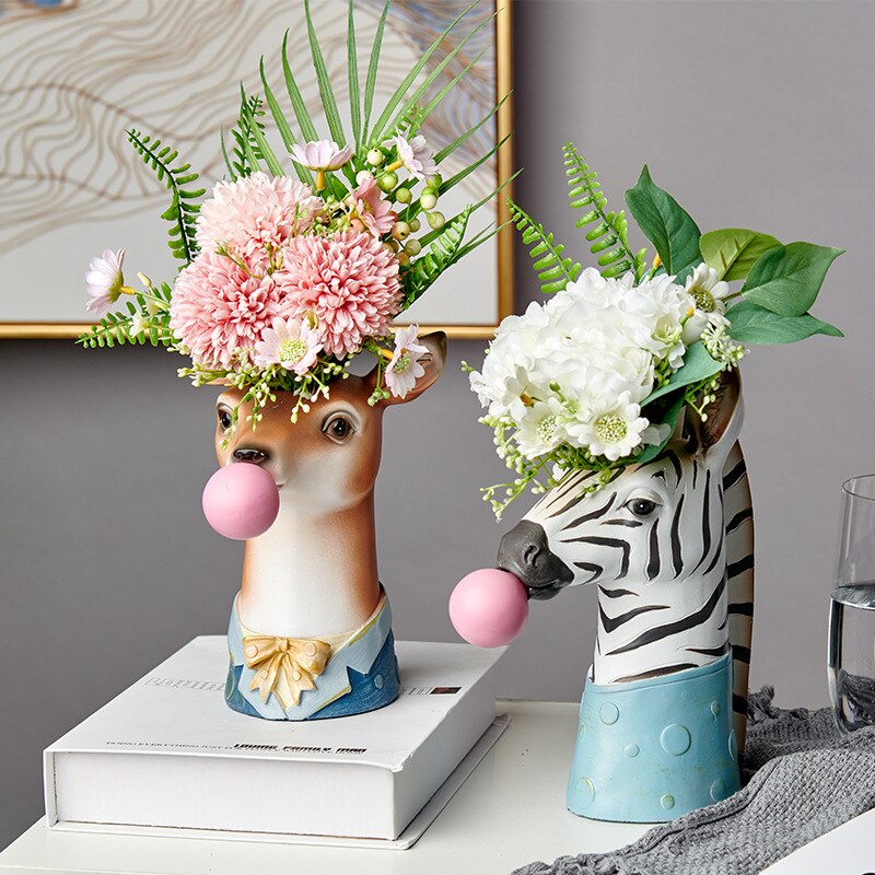 Creatieve Moderne Dierenkop Hars Succulent Vaas Bloempot Hand Schilderen Giraffe Zebra Panda Bellen Blazen Dier Buste Figuur