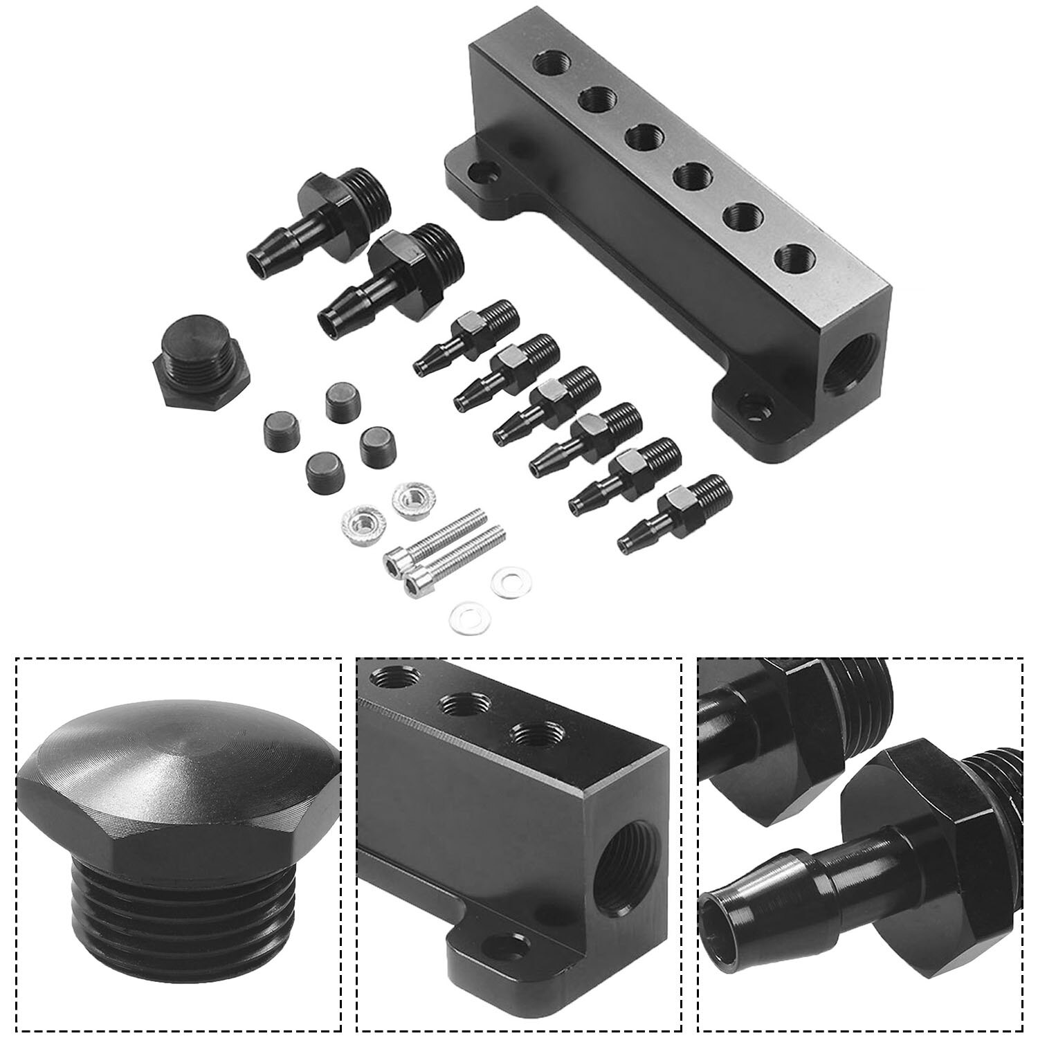 Turbocharged Intake Manifold 6 Port 1/8 Npt Adapter Aluminum Alloy Vacuum Manifold Kit Black Universal Modification