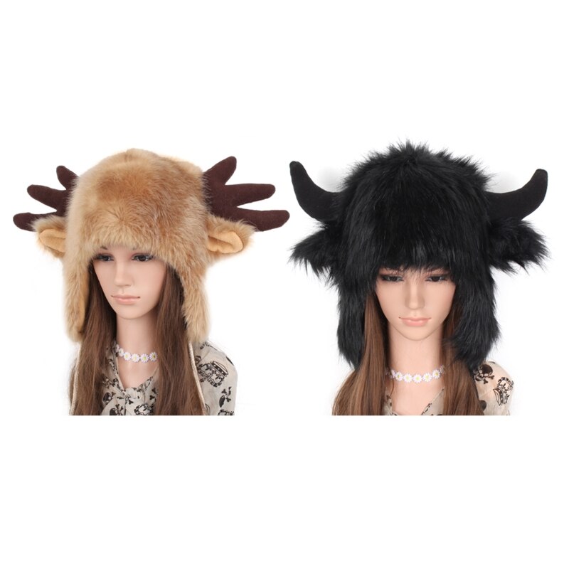 Women Men Winter Furry Plush Snow Trapper Hat Cute Ox Horns Deer Antlers Fluffy Animal Cap with Ear Flap Cosplay Earmuff