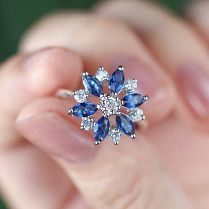 Pera moda feminina dedo jóias royal azul e branco zircônia cúbica grande cristal austríaco girassol anéis para presente feminino r004