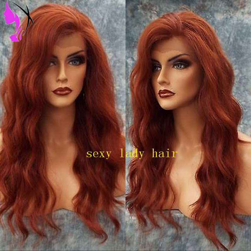 Long Curly Auburn Copper Red Synthetic Lace Front Wig Free Part High Temperature Fiber Hair Deep Wave Wig For Women