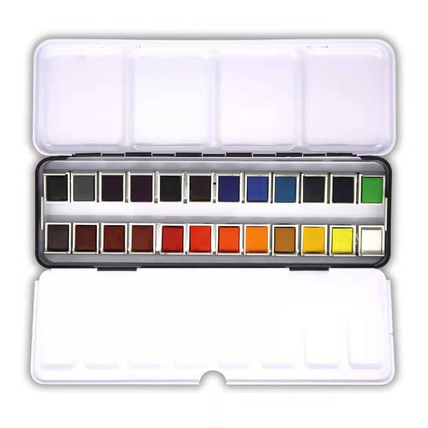 SeamiArt 12/24Color Solid Watercolor Pan Paint Set Portable Tin Box Watercolor Pigment for Drawing Watercolor Paper Art Supplies