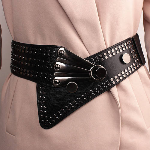 Black Leather Cummerbunds Female Woman Belt Punk Wide Women'S Belts Punk Rivet Stretchy Dress Waistbands Lady For Dress