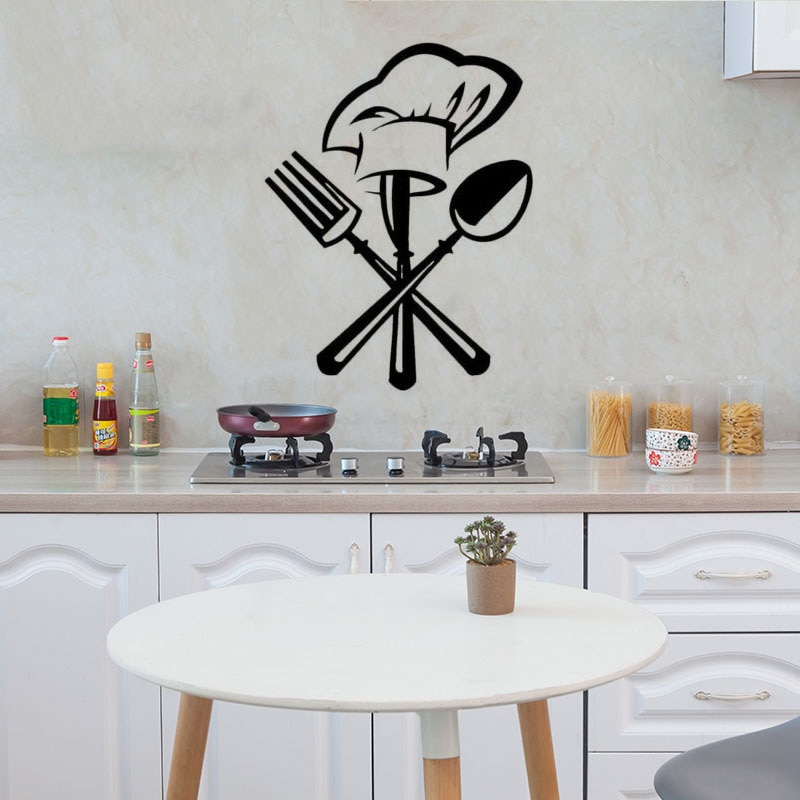 Creatieve Bestek mes vork chef hoed Muur Sticker voor Keuken restaurant decoratie Muurschildering Decals behang home decor stickers