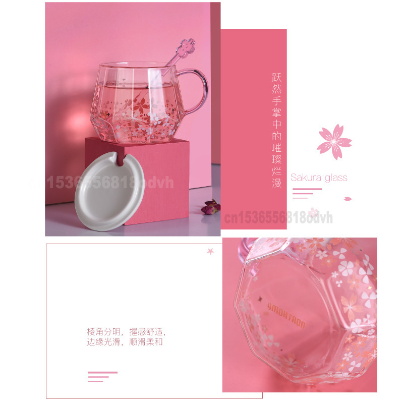 Sakura diamantkopp glas vattenkopp med handl rosa söt omrörningskopp kaffe klart glas