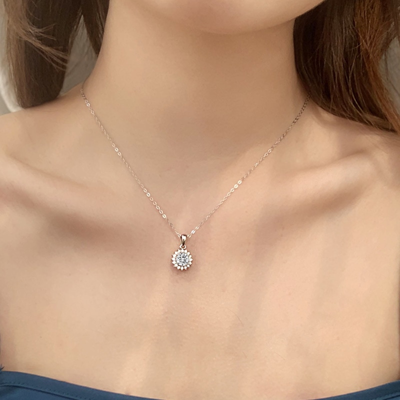 Moissanit-diamant-sonnenblumen-anhänger-halsketten für damen, sterlingsilber, 925 schmuckstücke, hochzeit