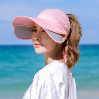 Xdanqinx solskærm udtrækkelige solhatte til kvinder sommer damer tom tophat anti-uv overdimensionerede solskærm strandhuer til kvinder: Lyserød