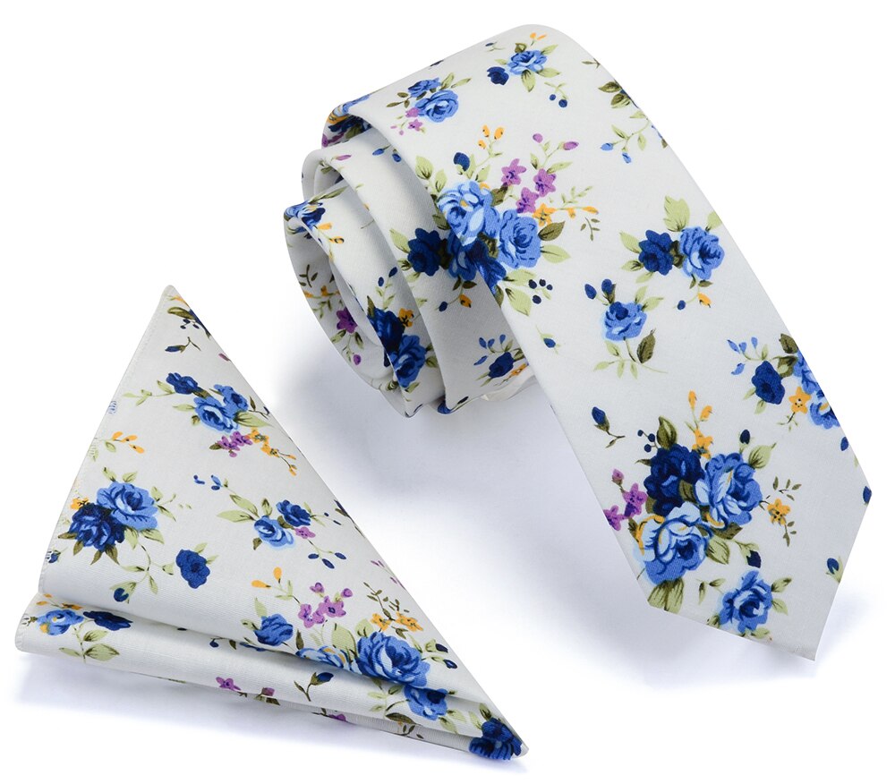 Ricnais 100% Cotton 6cm Slim Pocket Square Necktie Set Red Bule Floral Print Handkerchief Ties Set For Men Party Skinny Neck Tie: 07