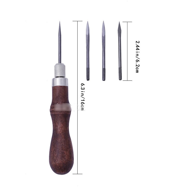 4 in 1 Leather Tools Sewing Awl Needles DIY Wood Handle Leather Stitching Awl Sewing Scratch Awl Canvas Leathercraft