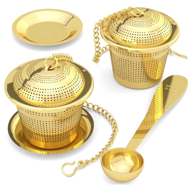 Loose Leaf Tea Infuser (Set of 2) with Tea Scoop and Drip Tray - Ultra Fine Stainless Steel Strainer &amp; Steepe: Gold