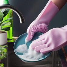 1 par silikone fade rengøringshandske køkkenvask husholdning bil kæledyr skrubbe handsker med rengøringsbørste madvask handske