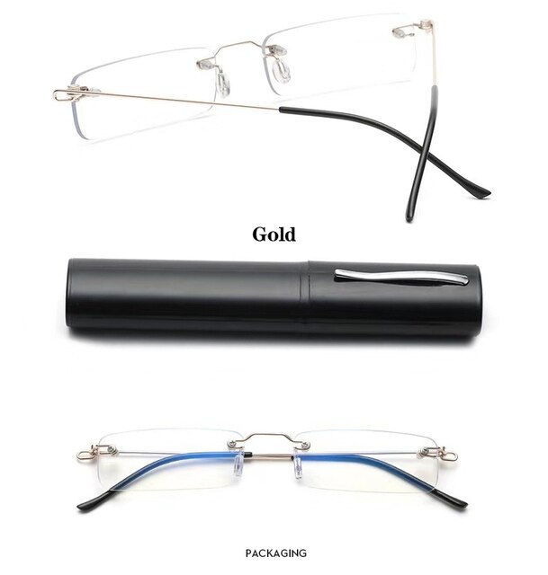May Flower Anti-Blue Rimless Reading Glasses Square Metal Presbyopic Eyewear With Case Eyeglasses Men‘s Glasses For Sight Plus+4: Gold / +300