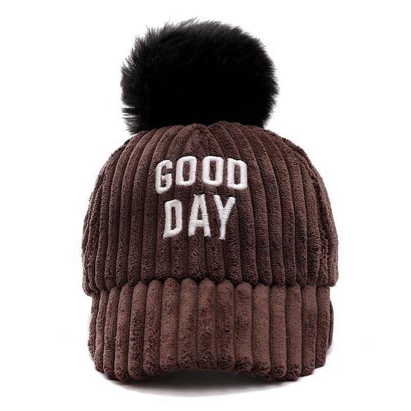 Goede Dag Brief Vrouwen Winter Baseball Cap Mode Pompoms Hoed Voor Vrouwelijke Herfst Casual Flanel Warm Cap: Coffee