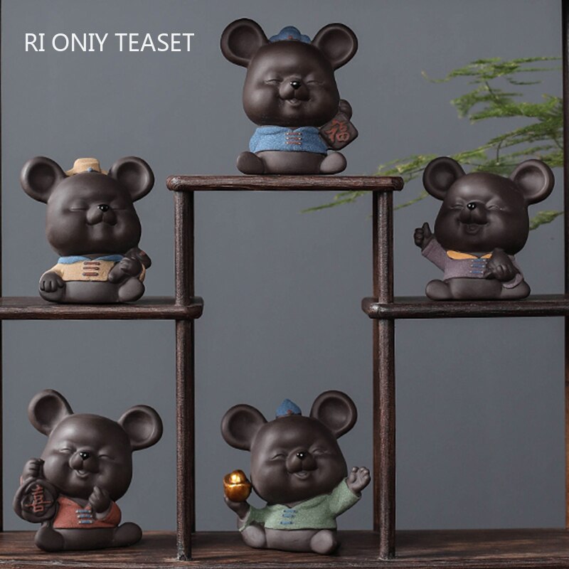 Purple Clay Tea pet Lucky Mouse Animal Statue Ornament Handmade Sculpture Crafts Home Tea Set Decoration Garden Art