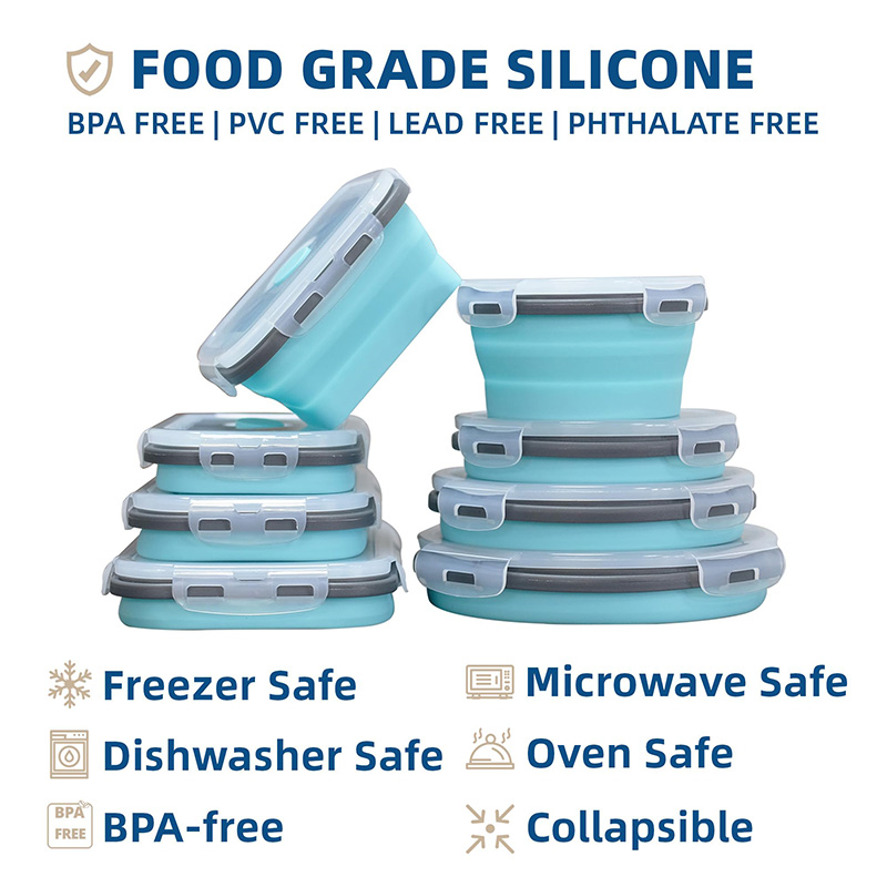 Recipientes redondos plegables de silicona con tapa aptos para congelador y lavavajillas Fiambrera rectangular plegable para camping
