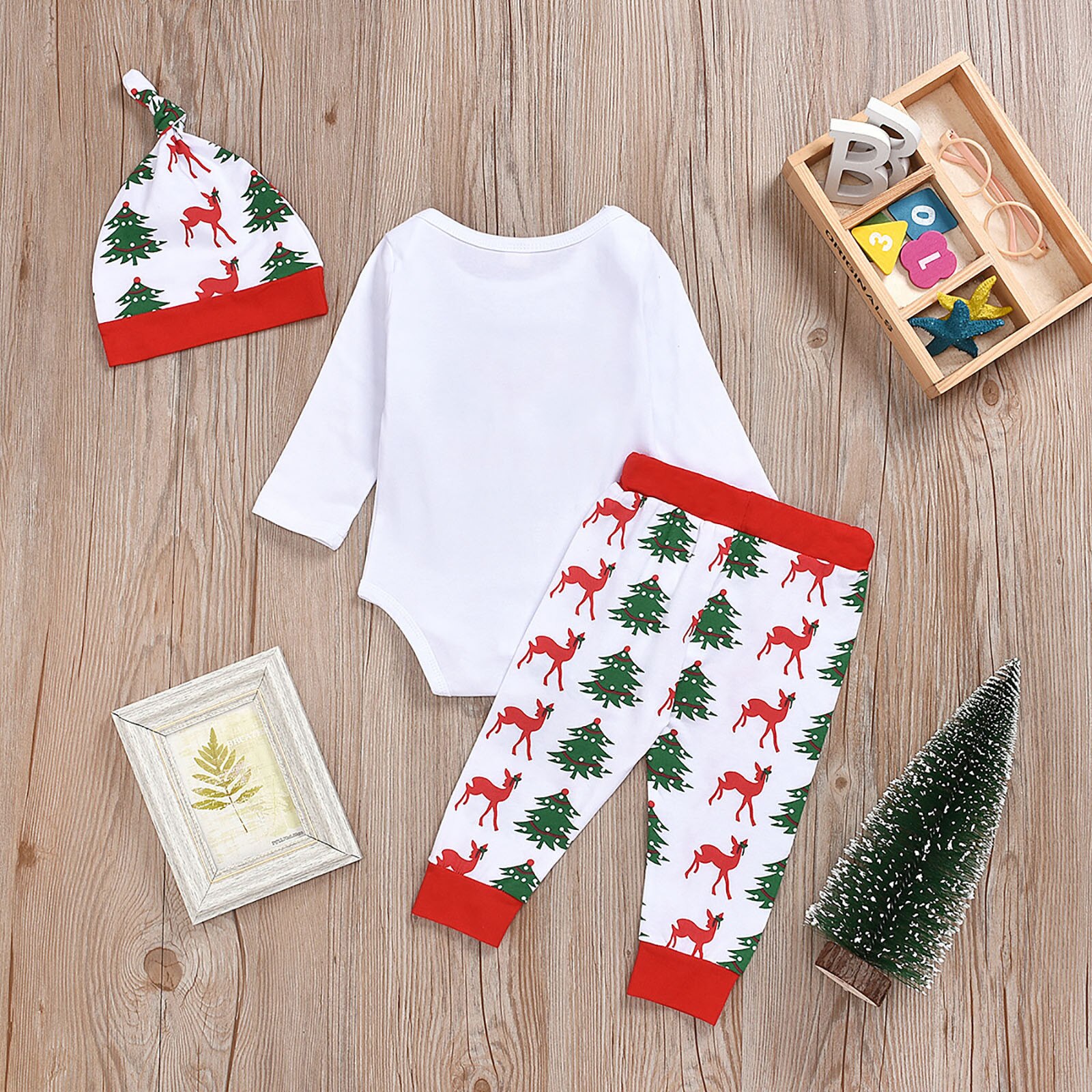 Meu primeiro natal roupas da menina do bebê recém-nascido meninos a letra os veados imprimir roupas roupas macacão + calças + chapéu conjunto crianças